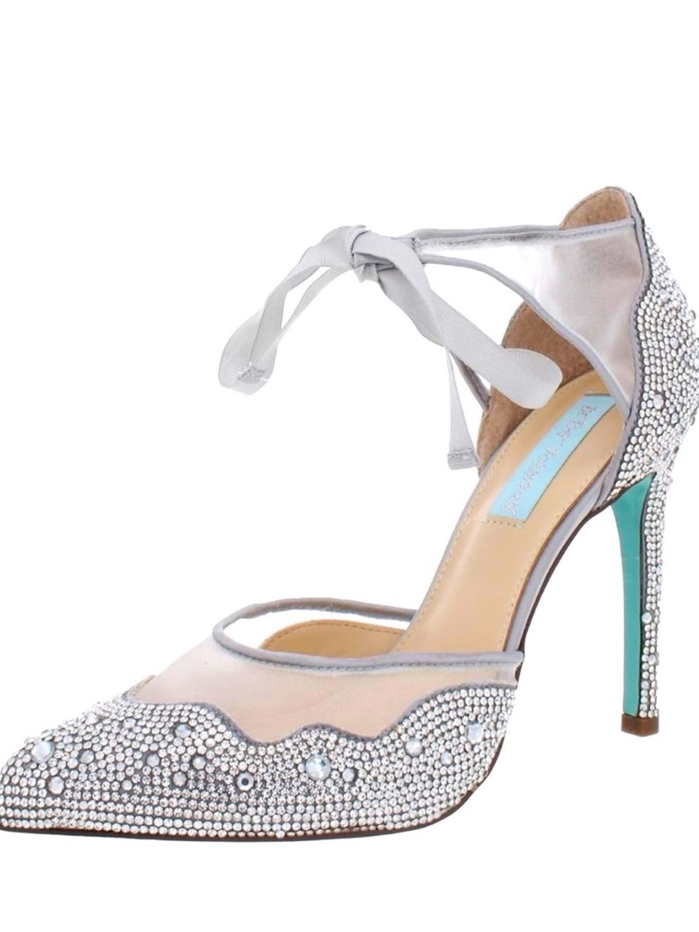 Betsey Johnson Silver Rhinestone Pointed-Toe Ankle Tie Pump with Teal Heel